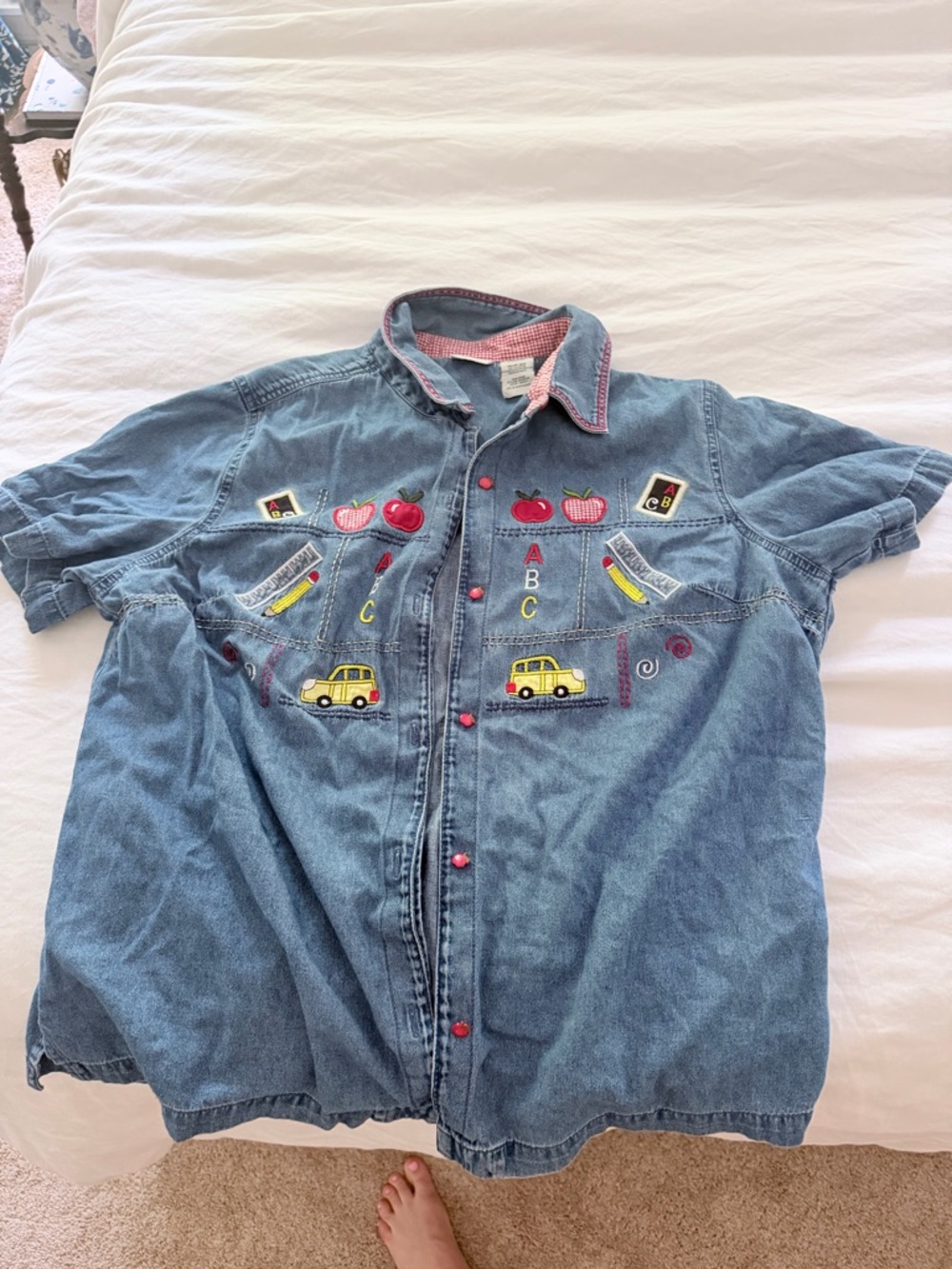 White Stag Teacher Blue Denim Shirt with Red Apple Embroidery